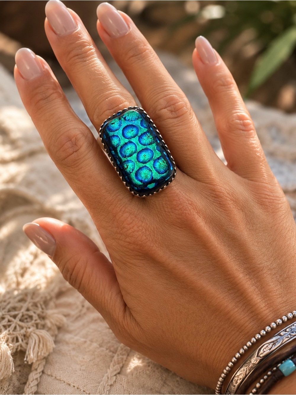 One of a kind, handmade Iridescent Blue-Green Statement Ring